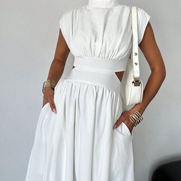 White Elegant Women's Hollow Pocket Cinched Waist Casual Midi Dress - Picture 2 of 7